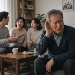 An elderly man leaning in and cupping his ear, straining to catch the conversation during a family meal at home.