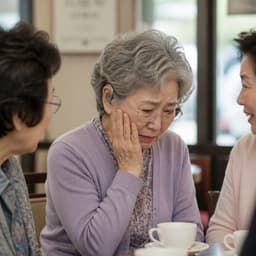 An elderly woman resting her chin on her hand, hesitating while seated at a cafe table.